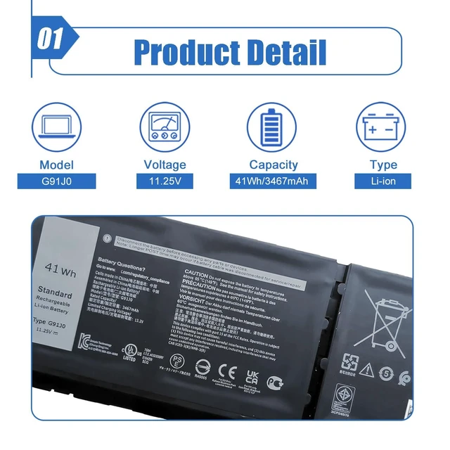 Alt view image 10 of 14 - 41Wh G91J0 Laptop Battery Compatible with Dell Latitude 3320 3330 3420 3520 Inspiron 3510 3511 3515 3520 3525 3530 5410 5415 5418 5420 5430 14 Plus 7420 2-in-1 Vostro 5620 5625 Series 11.25V 3467mAh