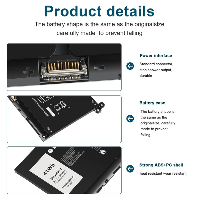 Alt view image 11 of 14 - G91J0 41Wh Battery Replacement for Dell Latitude 3320 3330 3420 3520 Inspiron 3510 3511 3515 3525 3530 5310 5410 5418 5510 5515 5518 14 Plus 7420 7415 2-in-1 Vostro 5620 5625 V6W33 TN70C 11.25V