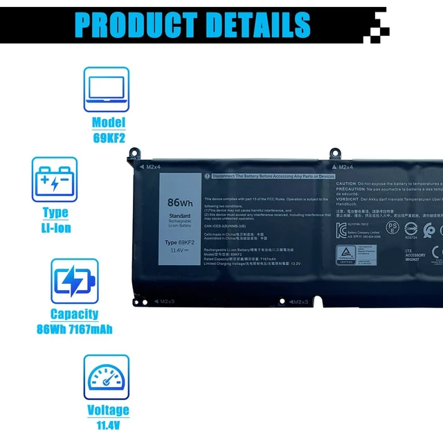 Alt view image 7 of 10 - 69KF2 Battery Replacement for Dell G7 15 7500 G15 5510 5511 5515 5520 5521 XPS 15 9500 9510 9520 Precision 5550 5560 5570 Alienware M15 R3 R4 M17 R3 R4 Inspiron 7510 7610 7620 P87F P91F 86Wh 7167mAh