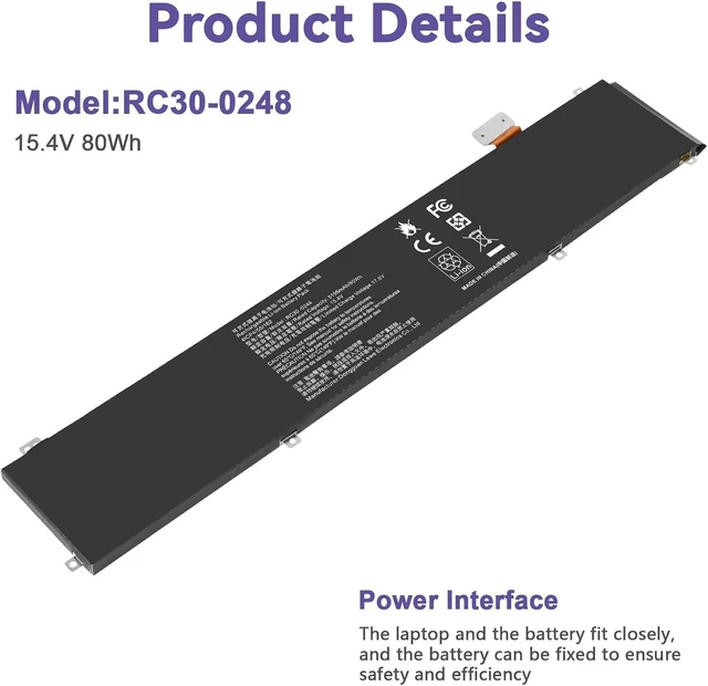 Alt view image 11 of 14 - RC30-0248 4ICP4/55/162 80Wh Laptop Battery for Razer Blade Advanced 15 2018 2019 2020 2021 RTX 2060 2070 2080 RZ09-02385 RZ09-02386 RZ09-02386E92 RZ09-02486 RZ09-0288 RZ09-02886 RZ09-0301 RZ09-03135