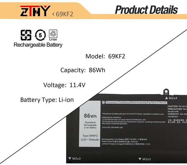 Alt view image 8 of 10 - 86Wh 69KF2 Laptop Battery Replacement for Dell G7 15 7500 G15 5510 5511 5515 5520 5521 5525 5530 Vostro 15 7510 7620 XPS 15 9500 9510 9520 Precision 5550 5560 5570 Alienware M15 R3 R4 R5 R6 M17 R3 R4