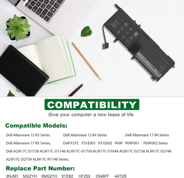 Alt view image 10 of 14 - 9NJM1 Laptop Battery for Dell Alienware 15 R3 R4 17 R4 R5 Series Dell P31E P69F Series ALW17C Series Notebook 0546FF 0HF250 44T2R HF250 MG2YH 0MG2YH, 11.4V 3-Cell 99Wh