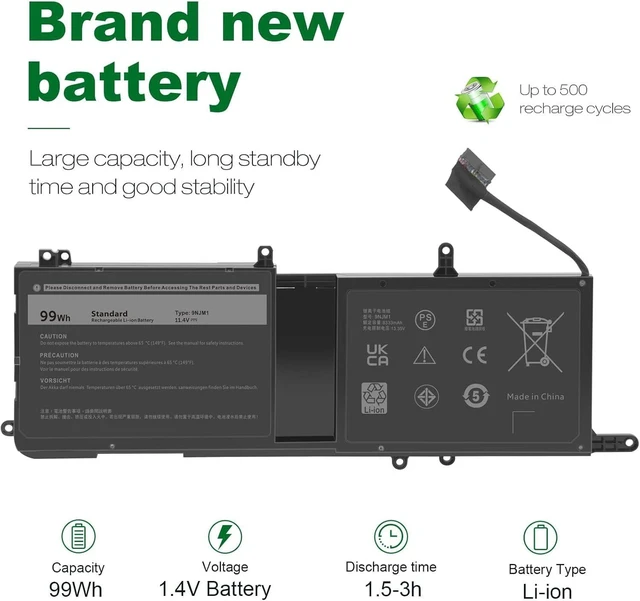Alt view image 12 of 14 - 9NJM1 Laptop Battery for Dell Alienware 15 R3 R4 17 R4 R5 Series Dell P31E P69F Series ALW17C Series Notebook 0546FF 0HF250 44T2R HF250 MG2YH 0MG2YH, 11.4V 3-Cell 99Wh