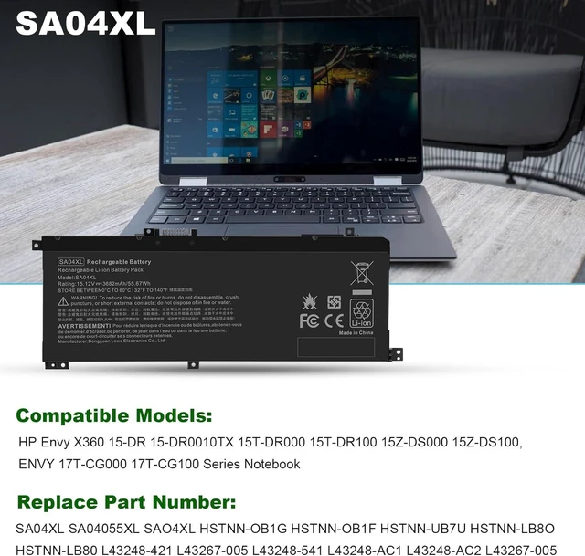 Alt view image 13 of 14 - SA04XL SAO4XL Battery for HP Envy X360 15m-ds0011dx 15m-dr0012dx 15m-dr0011dx 15m-ds0xxx 15m-dr0xxx 15t-dr100 15m-dr1xxx 17t-cg100 17-cg100 15M-DR 15M-DS SA04055XL L43267-005 L43248-AC2 HSTNN-OB1F