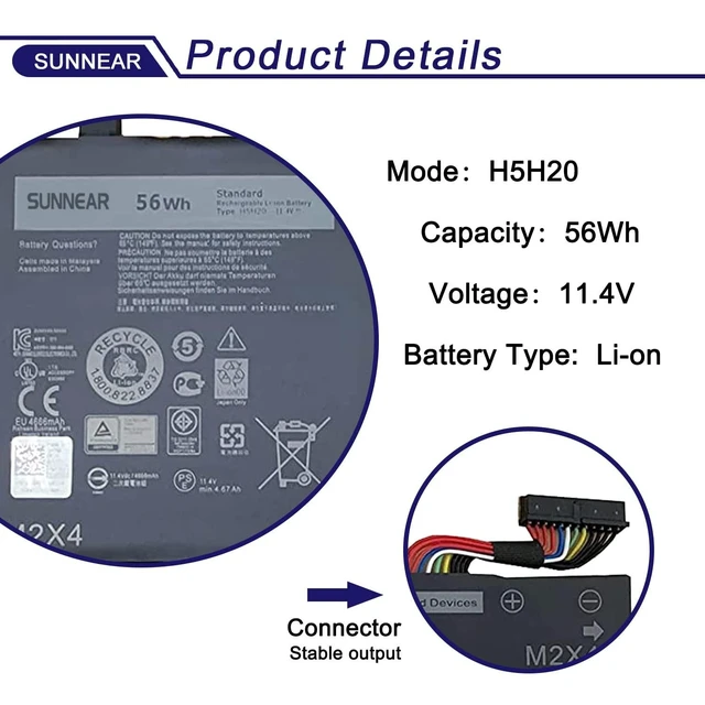 Alt view image 7 of 10 - SUNNEAR H5H20 Battery Replacement for Dell XPS 15 9550 9560 9570 9590 Precision 5510 5520 5530 5540 Inspiron 7501 7590 7591 Series Laptop 6GPTY 62MJV M7R965D91C 56Wh 11.4V 4946mAh