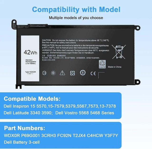 Alt view image 11 of 14 - WDX0R Replacement 42Wh Laptop Battery for Dell Inspiron 13 15 5000 7000 Series 5570 7579 7573 7378 5567 5565 5379 5378 Latitude 3180 3340 3400 3500 Vostro 3480 3580 5468 5568 P69G 3CRH3 T2JX4 FC92N