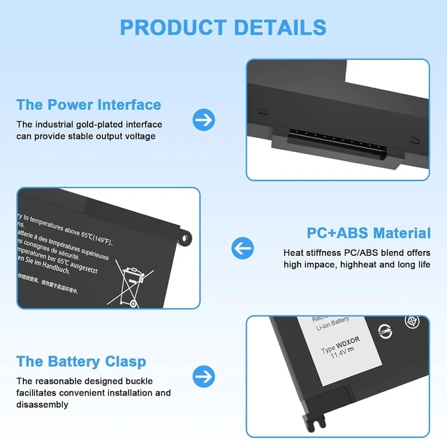 Alt view image 10 of 14 - WDX0R Replacement 42Wh Laptop Battery for Dell Inspiron 13 15 5000 7000 Series 5570 7579 7573 7378 5567 5565 5379 5378 Latitude 3180 3340 3400 3500 Vostro 3480 3580 5468 5568 P69G 3CRH3 T2JX4 FC92N