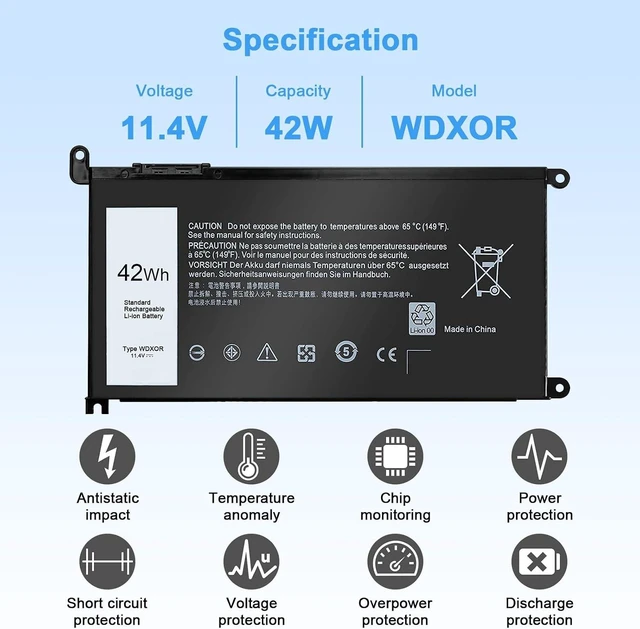 Alt view image 9 of 14 - WDX0R Replacement 42Wh Laptop Battery for Dell Inspiron 13 15 5000 7000 Series 5570 7579 7573 7378 5567 5565 5379 5378 Latitude 3180 3340 3400 3500 Vostro 3480 3580 5468 5568 P69G 3CRH3 T2JX4 FC92N