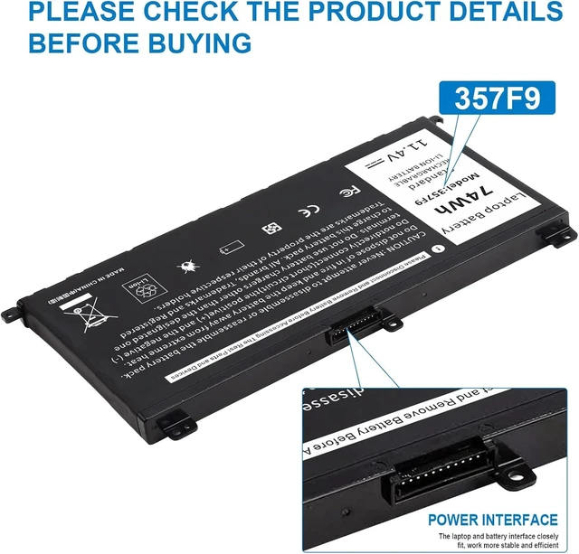 Alt view image 12 of 14 - Futurebatt 357F9 Laptop Battery Replacement for Dell Inspiron 15 7000 Gaming 15 7559 i7559 7557 i7557 5577 7567 5576 7566 INS15PD 71JF4 071JF4 P57F P65F P65F001 0357F9 0GFJ6 74WH