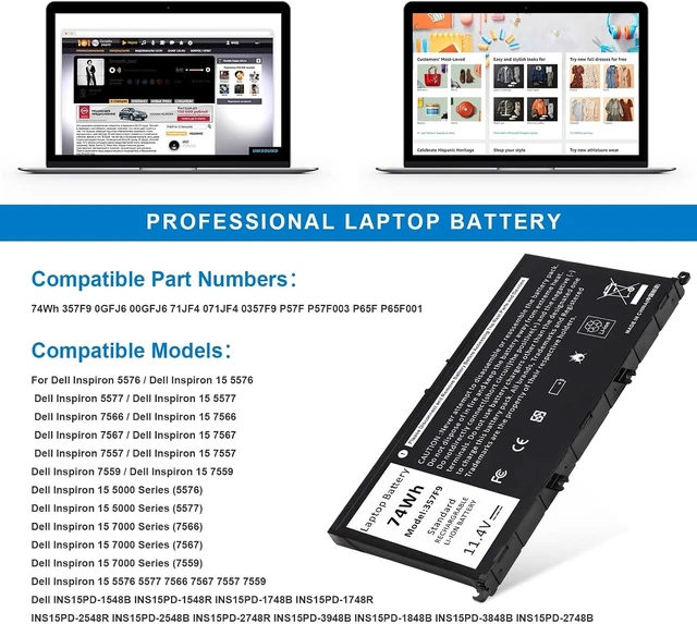 Alt view image 14 of 14 - Futurebatt 357F9 Laptop Battery Replacement for Dell Inspiron 15 7000 Gaming 15 7559 i7559 7557 i7557 5577 7567 5576 7566 INS15PD 71JF4 071JF4 P57F P65F P65F001 0357F9 0GFJ6 74WH