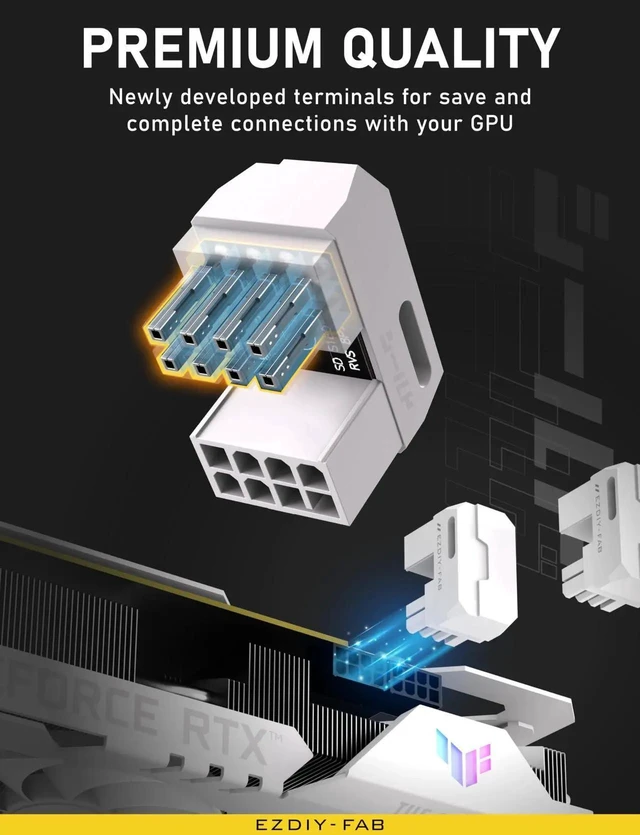 Alt view image 3 of 6 - JAENFONG Shield Series 8-Pin PCIe GPU Power Adapter,180-Degree U-Turn Angled Connector, Aluminum Design for Graphics Cards Reverse Type,White-2 Pack