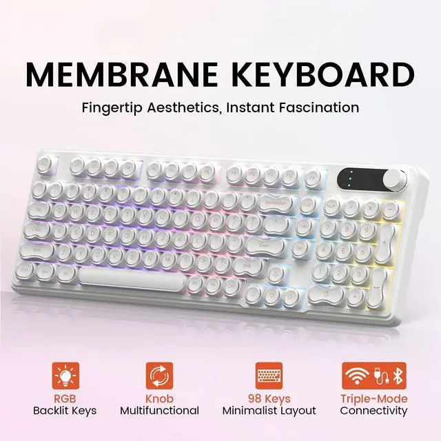 Main image of IP98 Tri-Mode Wireless Keyboard 98 Keys Bluetooth 2.4G USB-C RGB Backlit Creamy Silent Mechanical Feel Foundation White