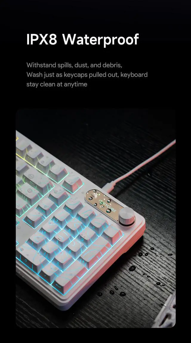 Alt view image 6 of 7 - 98-Key Tri-Mode Keyboard, 2.4G/BT5.1/USB-C, Ultra-Quiet Membrane, RGB Backlit, Topographic White PBT Keycaps, Logo Display & Volume Knob, Win/Mac/Linux White