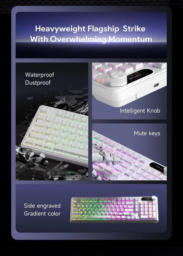 Alt view image 2 of 7 - 98-Key Tri-Mode Keyboard, 2.4G/BT5.1/USB-C, Ultra-Quiet Membrane, RGB Backlit, Topographic White PBT Keycaps, Logo Display & Volume Knob, Win/Mac/Linux White
