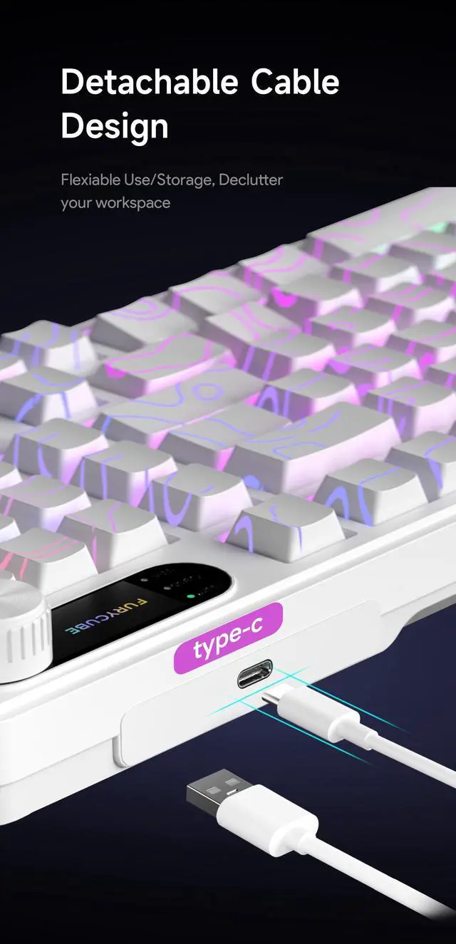 Alt view image 5 of 7 - 98-Key Tri-Mode Keyboard, 2.4G/BT5.1/USB-C, Ultra-Quiet Membrane, RGB Backlit, Topographic White PBT Keycaps, Logo Display & Volume Knob, Win/Mac/Linux White