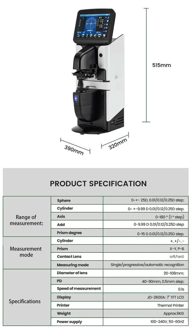 Alt view image 7 of 7 - AMUREKE LCD Lensometer Focimeter Lens Meter 7-inch Screen Touch Screen Focimeter New Digital Auto PD UV Printer PD Meter JD-2600A