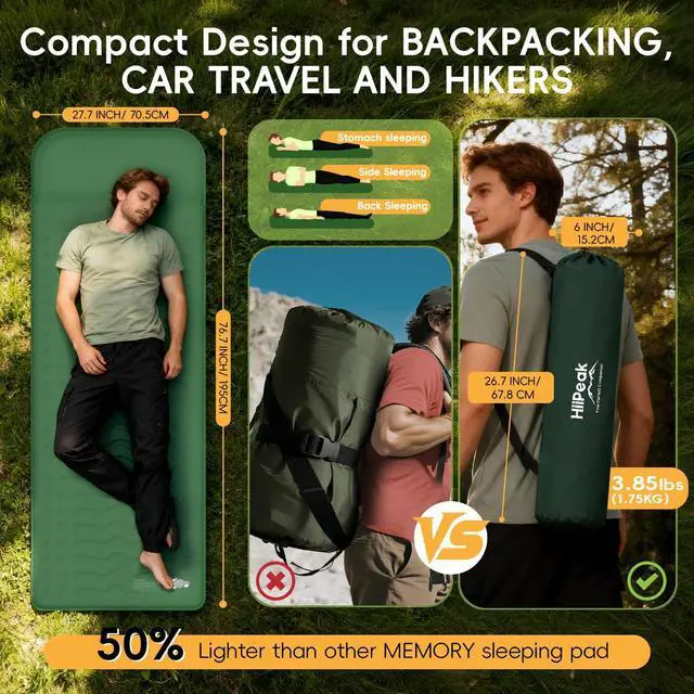 Alt view image 2 of 7 - Memory Sleeping Pad, Compact Ultra-Thick Foam Sleeping Mats with Pillow for Camping, Easy Inflate&Deflate,9.5 R-Value Insulated Camping Mattress Pad for Car Travel Tent
