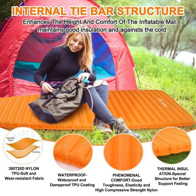 Alt view image 2 of 7 - Camping Sleeping Pad, Ultralight Waterproof Inflatable Sleeping Mat with Inflation Bag, Lightweight Portable Compact Air Mattress for Outdoor Backpacking Hiking Traveling Tent Use (Single, Orange)