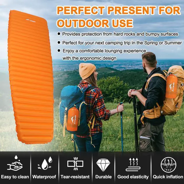Alt view image 3 of 7 - Camping Sleeping Pad, Ultralight Waterproof Inflatable Sleeping Mat with Inflation Bag, Lightweight Portable Compact Air Mattress for Outdoor Backpacking Hiking Traveling Tent Use (Single, Orange)