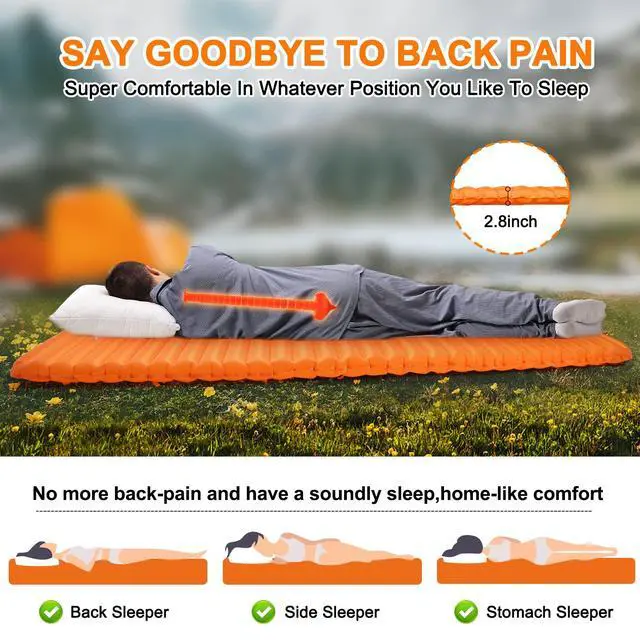 Alt view image 4 of 7 - Camping Sleeping Pad, Ultralight Waterproof Inflatable Sleeping Mat with Inflation Bag, Lightweight Portable Compact Air Mattress for Outdoor Backpacking Hiking Traveling Tent Use (Single, Orange)