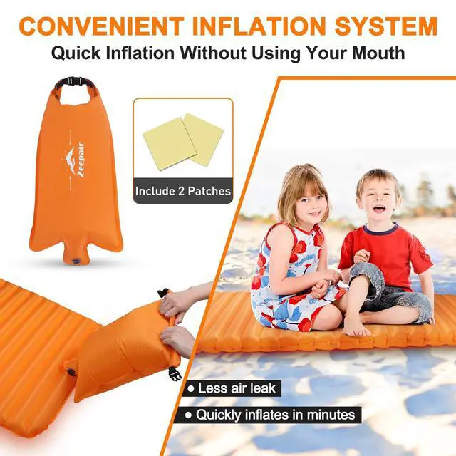 Alt view image 5 of 7 - Camping Sleeping Pad, Ultralight Waterproof Inflatable Sleeping Mat with Inflation Bag, Lightweight Portable Compact Air Mattress for Outdoor Backpacking Hiking Traveling Tent Use (Single, Orange)
