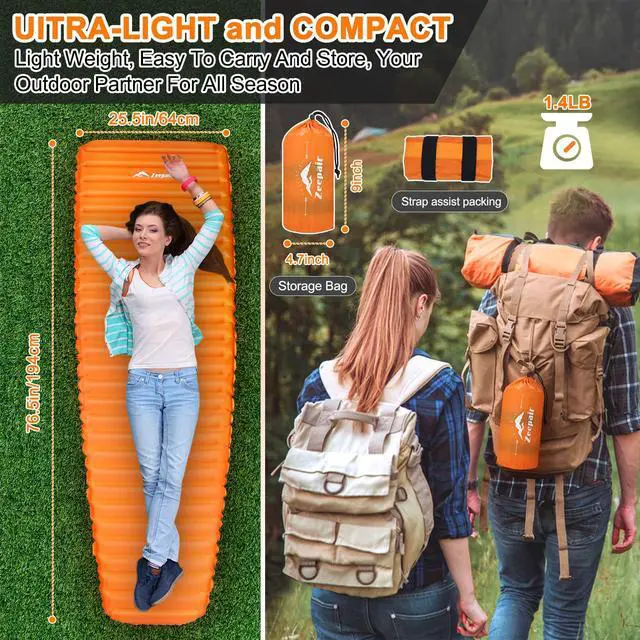Alt view image 6 of 7 - Camping Sleeping Pad, Ultralight Waterproof Inflatable Sleeping Mat with Inflation Bag, Lightweight Portable Compact Air Mattress for Outdoor Backpacking Hiking Traveling Tent Use (Single, Orange)