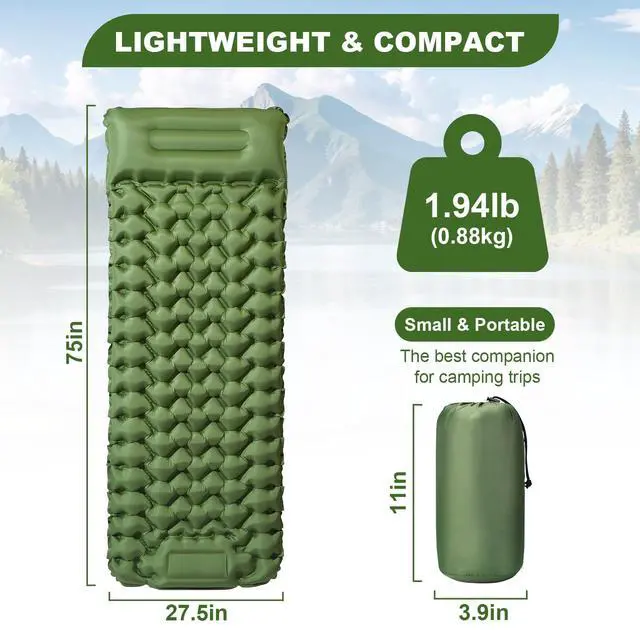 Alt view image 2 of 6 - Sleeping Pad for Camping - Ultralight (1.9lbs) Inflatable Camping Mattress with Built-in Pillow & Foot Pump, 4" Thick Compact Air Pad for Backpacking, Hiking, Traveling, One-Second Deflation