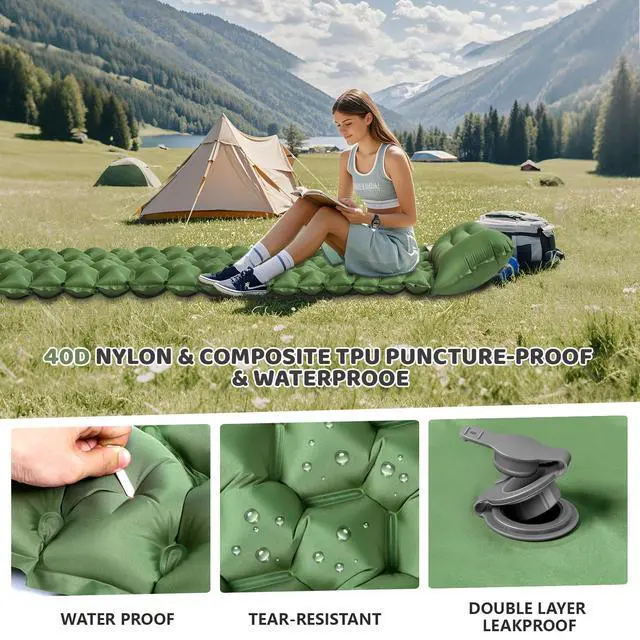 Alt view image 5 of 6 - Sleeping Pad for Camping - Ultralight (1.9lbs) Inflatable Camping Mattress with Built-in Pillow & Foot Pump, 4" Thick Compact Air Pad for Backpacking, Hiking, Traveling, One-Second Deflation