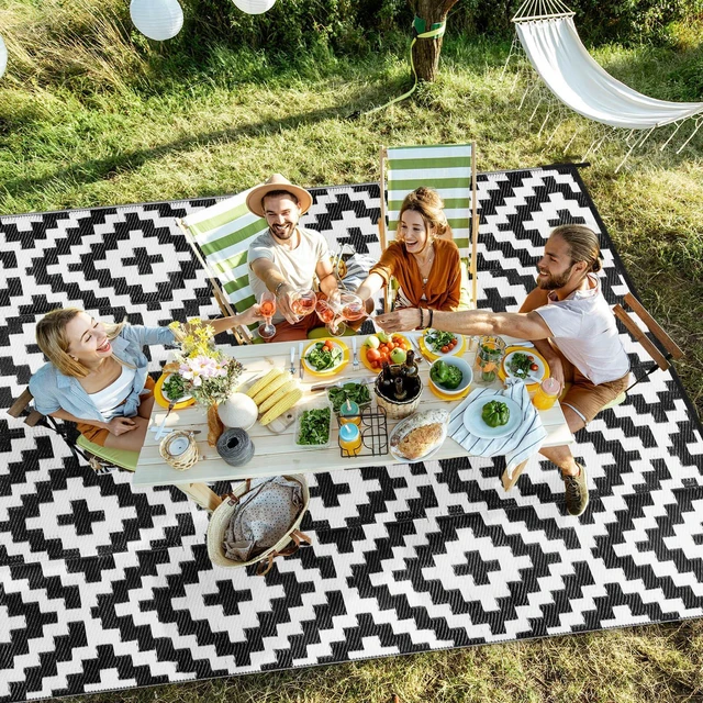 Alt view image 2 of 6 - Outdoor Patio Plastic Straw Rug - 4x6 ft Outdoor Camping Rug Waterproof Reversible, Area Carpet Patios Clearance RV, Outside Porch Balcony Deck for Camper, Black & White