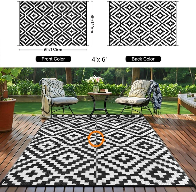 Alt view image 3 of 6 - Outdoor Patio Plastic Straw Rug - 4x6 ft Outdoor Camping Rug Waterproof Reversible, Area Carpet Patios Clearance RV, Outside Porch Balcony Deck for Camper, Black & White