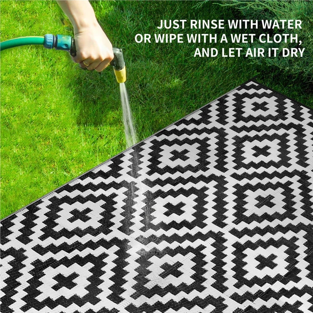 Alt view image 4 of 6 - Outdoor Patio Plastic Straw Rug - 4x6 ft Outdoor Camping Rug Waterproof Reversible, Area Carpet Patios Clearance RV, Outside Porch Balcony Deck for Camper, Black & White