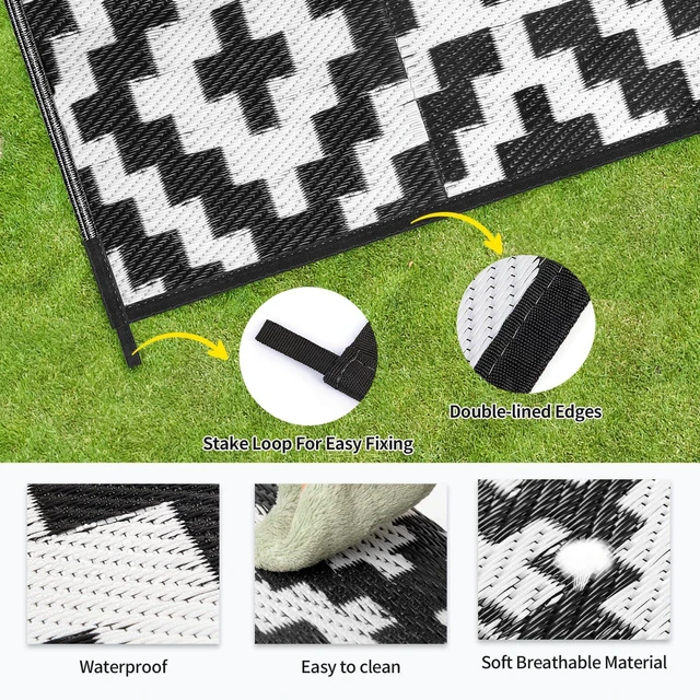Alt view image 5 of 6 - Outdoor Patio Plastic Straw Rug - 4x6 ft Outdoor Camping Rug Waterproof Reversible, Area Carpet Patios Clearance RV, Outside Porch Balcony Deck for Camper, Black & White