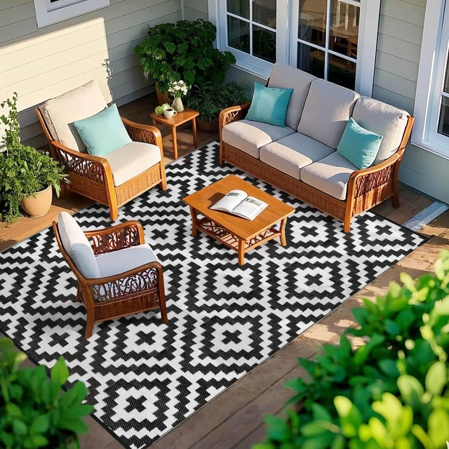 Alt view image 6 of 6 - Outdoor Patio Plastic Straw Rug - 4x6 ft Outdoor Camping Rug Waterproof Reversible, Area Carpet Patios Clearance RV, Outside Porch Balcony Deck for Camper, Black & White