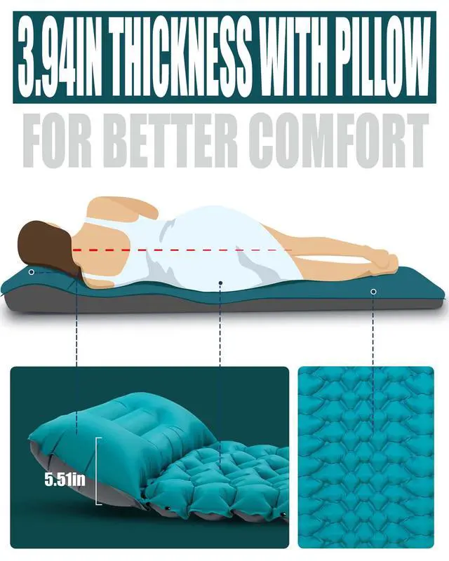 Alt view image 2 of 7 - Camping Sleeping Pad with Pillow: Extra Thick 3.9 inch Ultralight Self Inflating Air Mat, Compact Lightweight Insulated Inflatable Sleep Mattress for Backpacking, Camp, Hiking, Tent