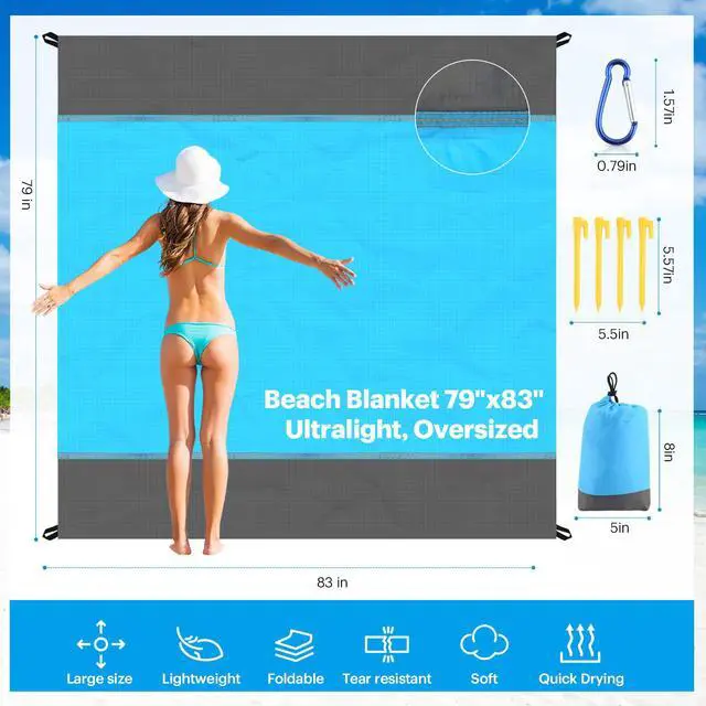 Alt view image 2 of 7 - Beach Blanket Sandproof Oversized, 79''×83'' Extra Large Beach Mat, Portable Picnic Mat for Travel Camping Hiking, Lightweight Beach Essentials Family Water Resistant Mat