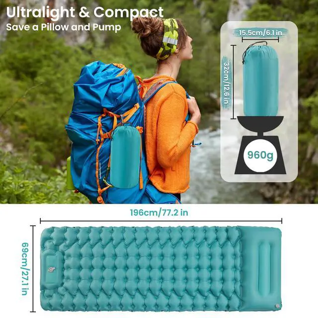 Alt view image 2 of 7 - Inflating Sleeping Pad Mattress for Camping: Inflatable Camping Bed with Built-in Foot Pump for Tent - 4" Extra Thick Mat Air Cot for Floor - Blue
