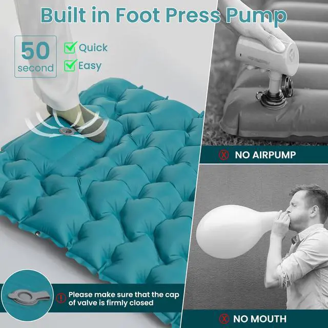Alt view image 3 of 7 - Inflating Sleeping Pad Mattress for Camping: Inflatable Camping Bed with Built-in Foot Pump for Tent - 4" Extra Thick Mat Air Cot for Floor - Blue