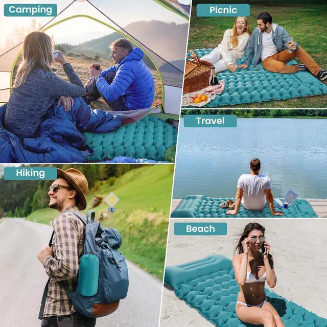 Alt view image 7 of 7 - Inflating Sleeping Pad Mattress for Camping: Inflatable Camping Bed with Built-in Foot Pump for Tent - 4" Extra Thick Mat Air Cot for Floor - Blue