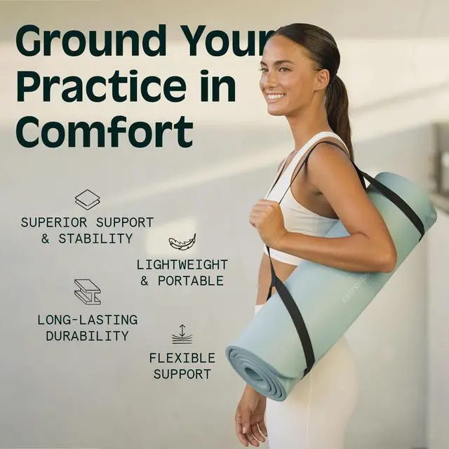 Alt view image 4 of 7 - Solana Yoga Mat 1" Thick With Nylon Carry Strap for Men & Women - Non Slip Exercise Mat for Home Yoga, Pilates, Stretching, Floor & Fitness Workouts
