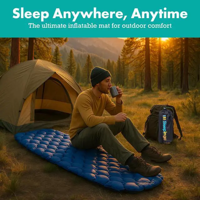 Alt view image 2 of 7 - Inflatable Mat - Ultralight Sleeping Pad for Campings and Backpackings - Compact Air Mattress - Mats with Tear-Resistant Ripstop Nylon - Lightweight, Portable - 73.5" x 21.5" - Blue