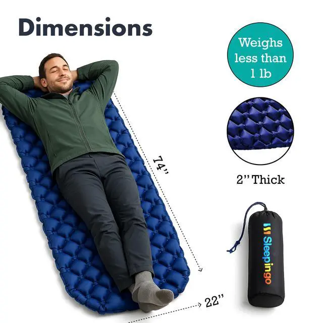 Alt view image 3 of 7 - Inflatable Mat - Ultralight Sleeping Pad for Campings and Backpackings - Compact Air Mattress - Mats with Tear-Resistant Ripstop Nylon - Lightweight, Portable - 73.5" x 21.5" - Blue