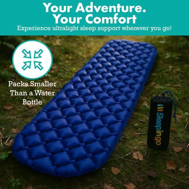 Alt view image 4 of 7 - Inflatable Mat - Ultralight Sleeping Pad for Campings and Backpackings - Compact Air Mattress - Mats with Tear-Resistant Ripstop Nylon - Lightweight, Portable - 73.5" x 21.5" - Blue