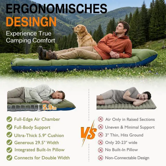 Alt view image 2 of 7 - Camping Sleeping Pad, 5.9" Extra-Thick Reinforced Camping Mat with Built-in Pillow & Foot Pump, Ultralight Compact Inflating Camping Air Mattress for Backpacking Hiking Travel Tent Beach