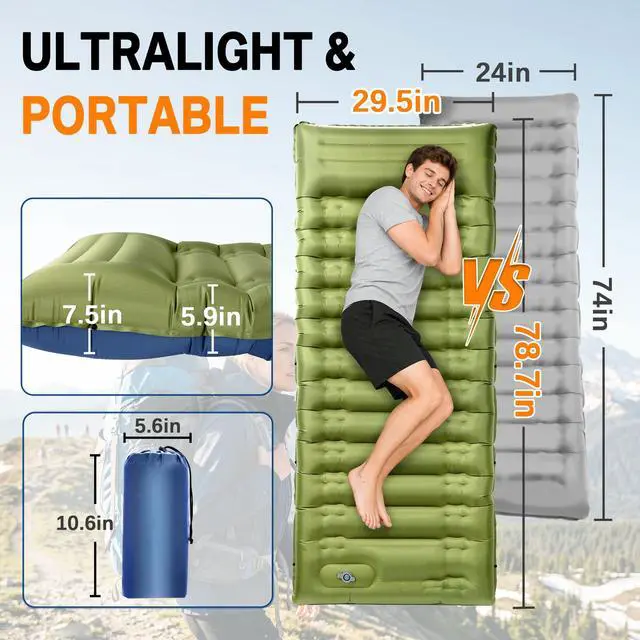 Alt view image 3 of 7 - Camping Sleeping Pad, 5.9" Extra-Thick Reinforced Camping Mat with Built-in Pillow & Foot Pump, Ultralight Compact Inflating Camping Air Mattress for Backpacking Hiking Travel Tent Beach
