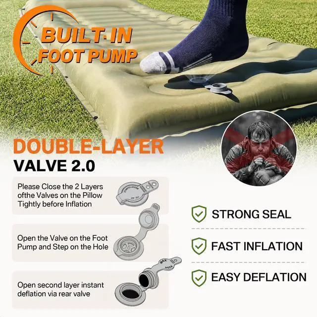 Alt view image 4 of 7 - Camping Sleeping Pad, 5.9" Extra-Thick Reinforced Camping Mat with Built-in Pillow & Foot Pump, Ultralight Compact Inflating Camping Air Mattress for Backpacking Hiking Travel Tent Beach