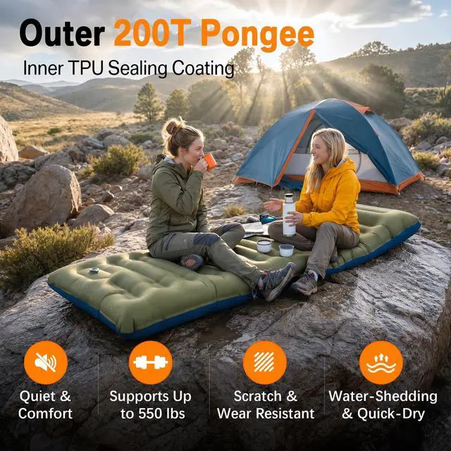 Alt view image 5 of 7 - Camping Sleeping Pad, 5.9" Extra-Thick Reinforced Camping Mat with Built-in Pillow & Foot Pump, Ultralight Compact Inflating Camping Air Mattress for Backpacking Hiking Travel Tent Beach