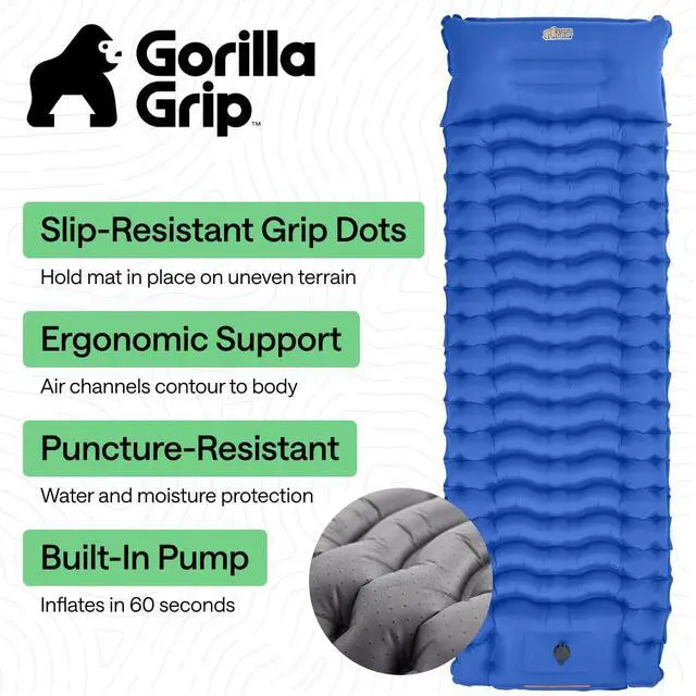 Alt view image 2 of 7 - Slip-Resistant Inflatable Sleeping Pad with Grip Dots, Foot Pump, Puncture Resistant Lightweight Camping Mattress, Air Mats Travel Backpacking, Inflating Bed Camp Sleep Pads Tent, Blue