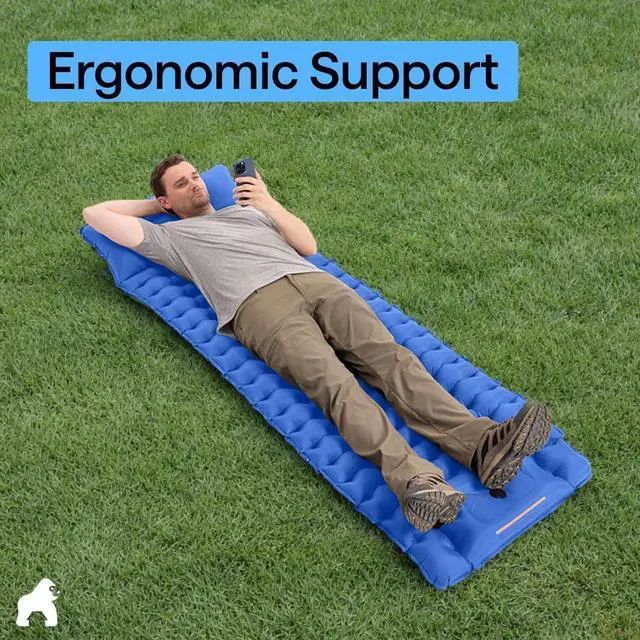 Alt view image 6 of 7 - Slip-Resistant Inflatable Sleeping Pad with Grip Dots, Foot Pump, Puncture Resistant Lightweight Camping Mattress, Air Mats Travel Backpacking, Inflating Bed Camp Sleep Pads Tent, Blue