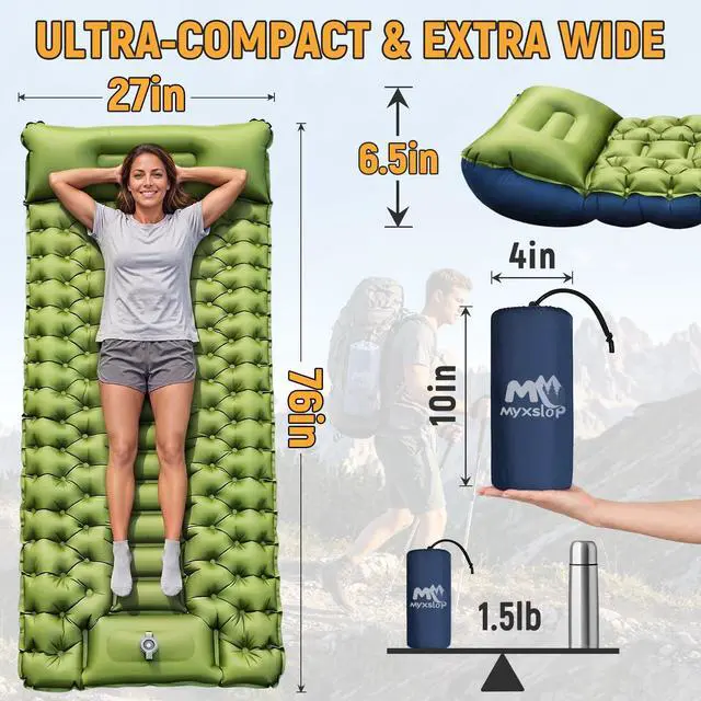 Alt view image 2 of 7 - Camping Sleeping Pad, Ultralight Inflatable Camping Mat with Pillow Built-in Foot Pump Sleeping Mat, Compact Camping Pad Gear for Backpacking Hiking Tent Travel Car Outdoor