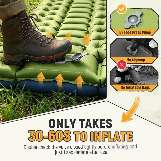 Alt view image 7 of 7 - Camping Sleeping Pad, Ultralight Inflatable Camping Mat with Pillow Built-in Foot Pump Sleeping Mat, Compact Camping Pad Gear for Backpacking Hiking Tent Travel Car Outdoor